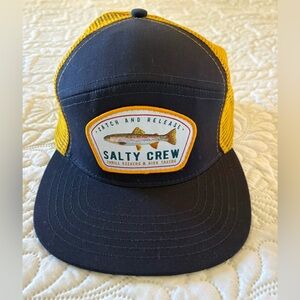 Salty Crew catch and release fishing trucker hat, yellow/blue adjustable